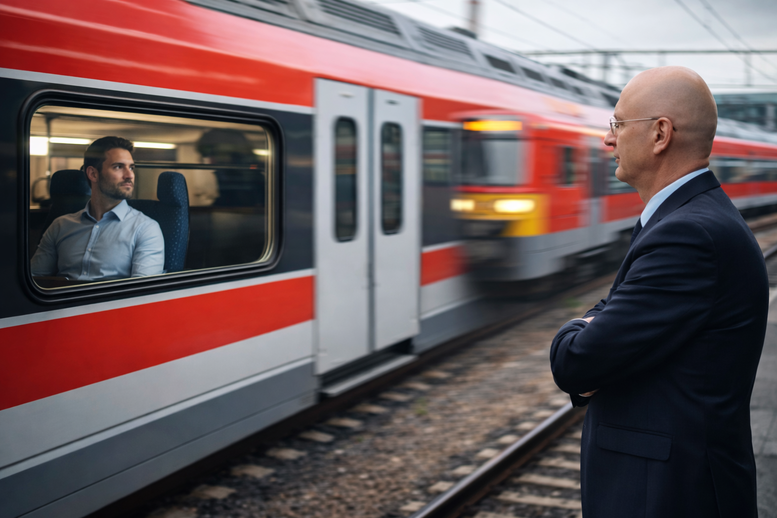Bahnhofsillusion, Sachverständiger betrachtet Zug am Bahnsteig